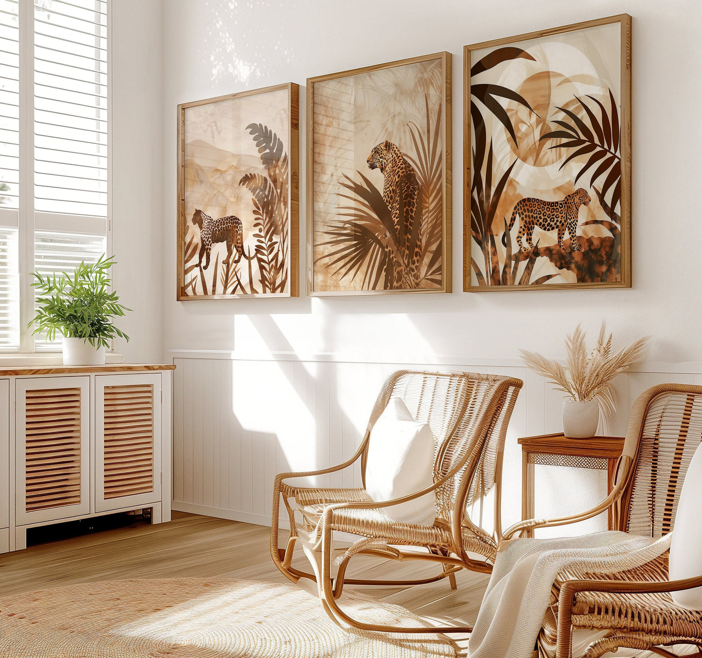 A three-piece poster set featuring leopards in a tropical jungle, designed in warm neutral tones, perfect for bohemian and safari-themed interiors.