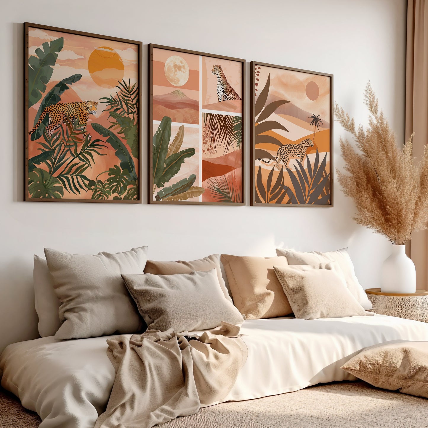 A three-piece poster set featuring vibrant leopards in tropical jungle settings, designed in warm neutral tones, ideal for modern and bohemian home decor.