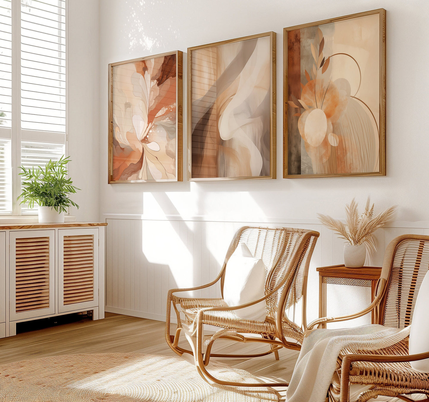 A three-piece abstract poster set featuring warm neutral tones and minimalist designs, ideal for modern and bohemian home interiors.