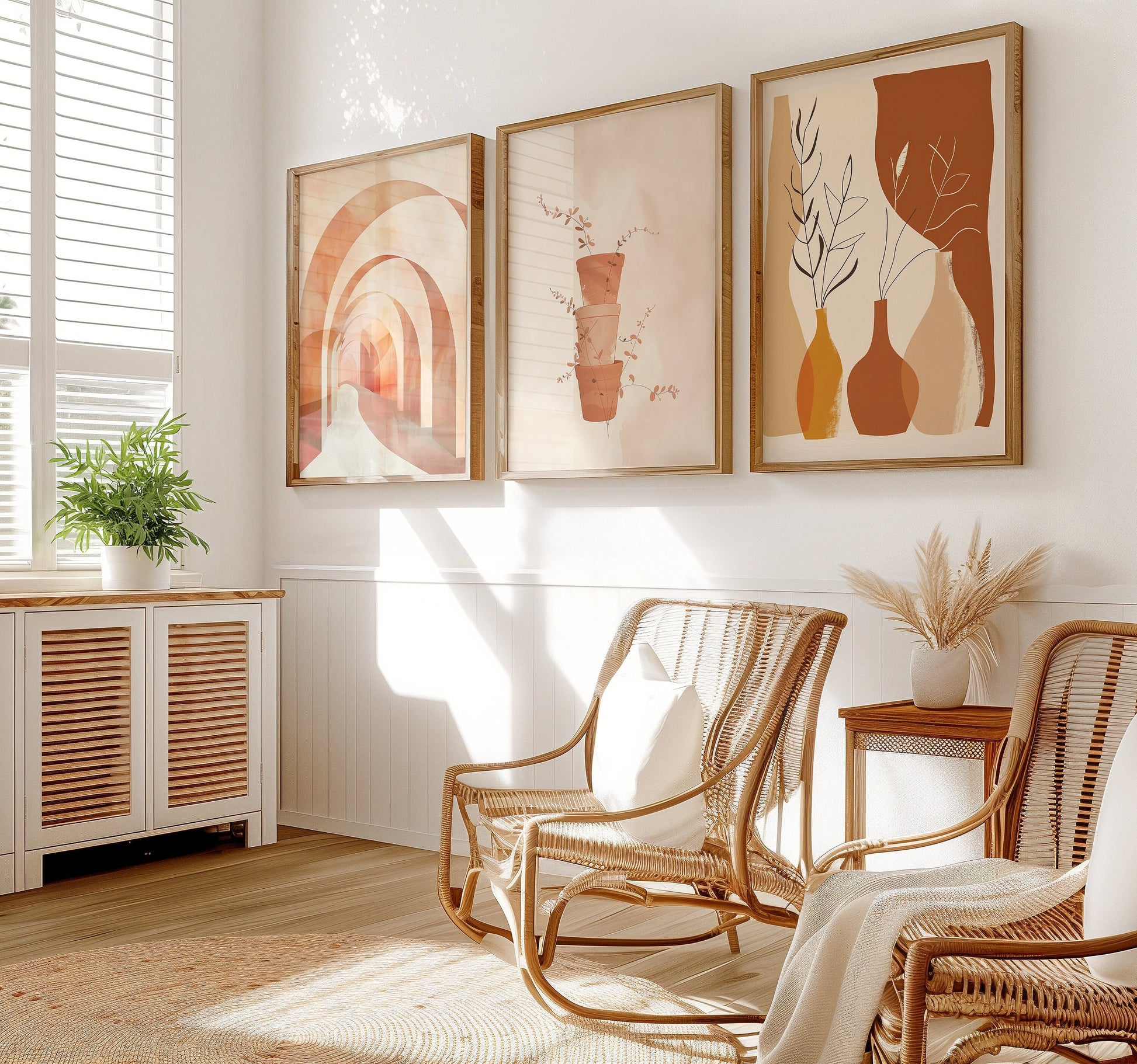 A three-piece poster set featuring minimalist designs of vases, an archway, and stacked plant pots in warm earthy tones, perfect for modern and bohemian home decor.