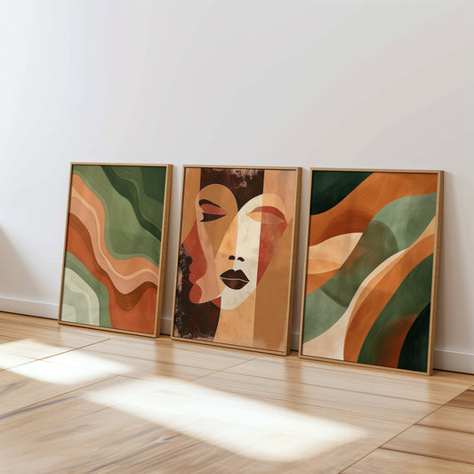 A three-piece poster set featuring abstract faces and wave designs in earthy tones, perfect for modern and bohemian home decor.