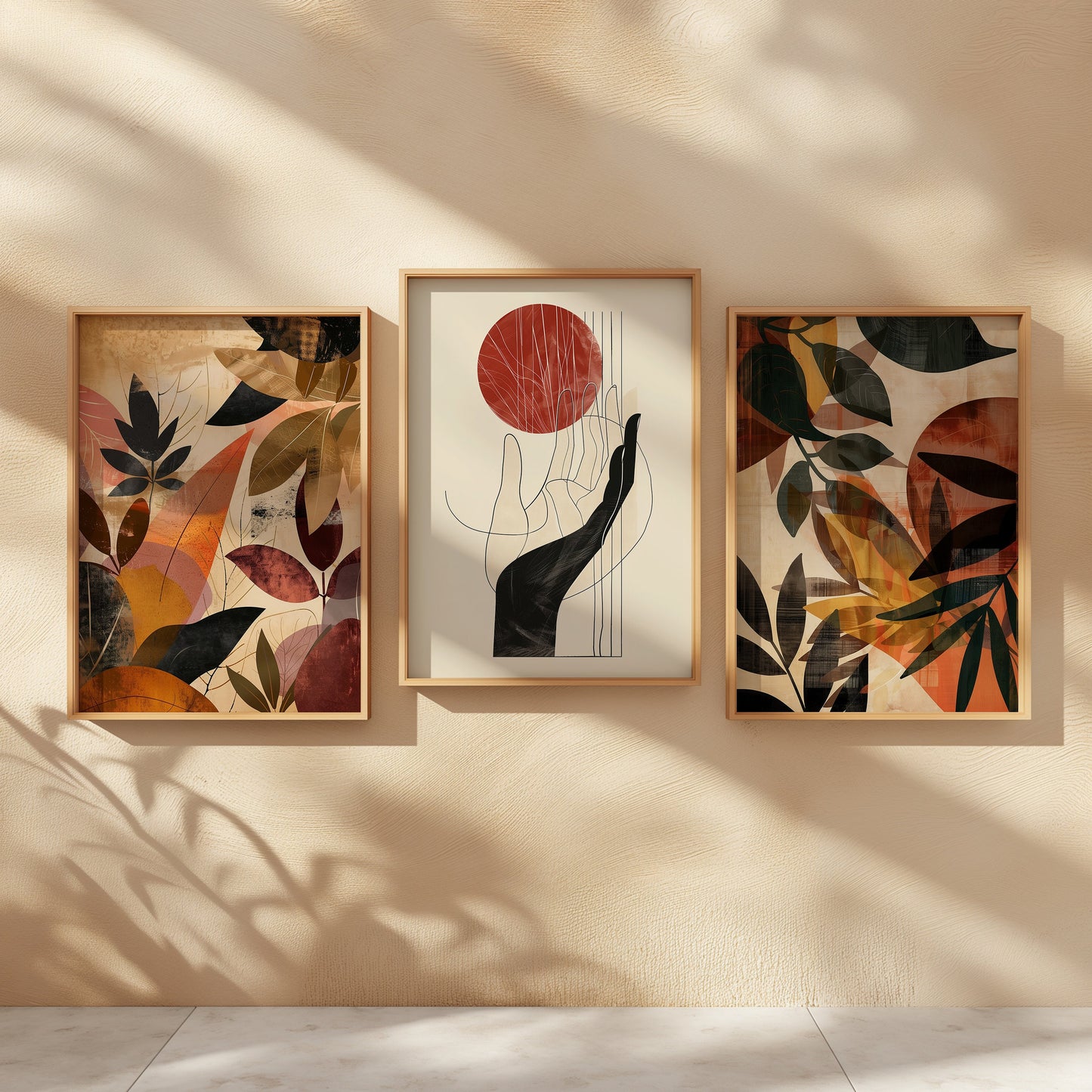 Abstract Botanical and Hand Poster Set, Boho Wall Art, Three Piece Modern Art Prints, Earthy Tones Decor, Minimalist Bohemian Poster Set