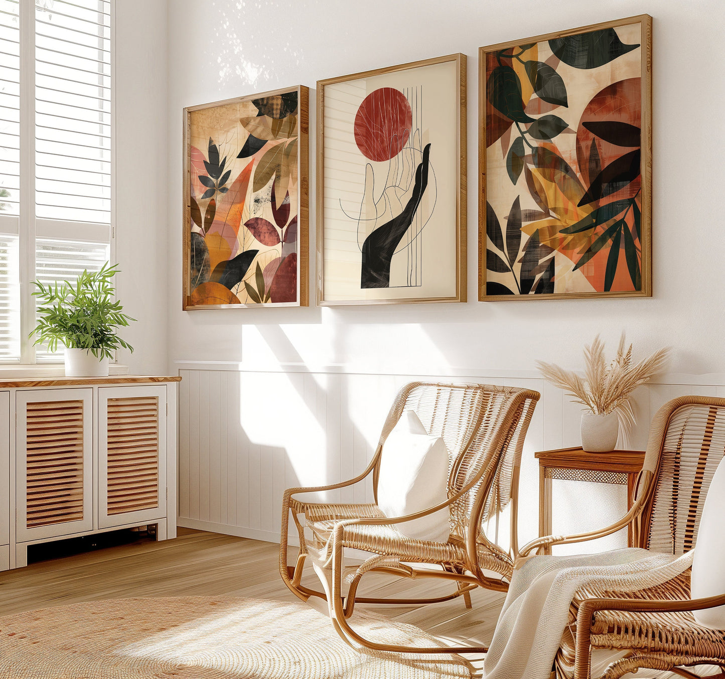 A three-piece poster set featuring abstract botanical designs, a hand reaching for a sun, and earthy tones, ideal for modern and bohemian home decor.