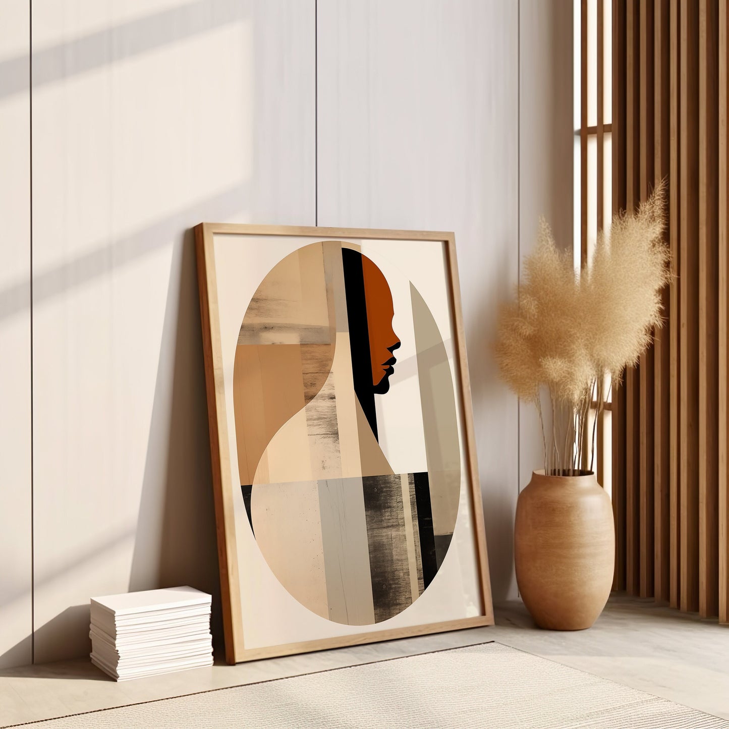 A minimalist abstract portrait featuring geometric shapes and neutral tones, ideal for modern and bohemian home decor.