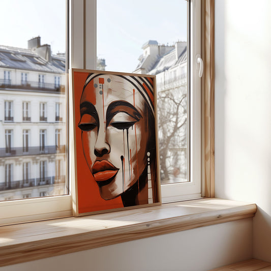 A bold and vibrant abstract portrait of an African woman in tribal style, featuring rich orange and earthy tones, ideal for modern and bohemian home decor.