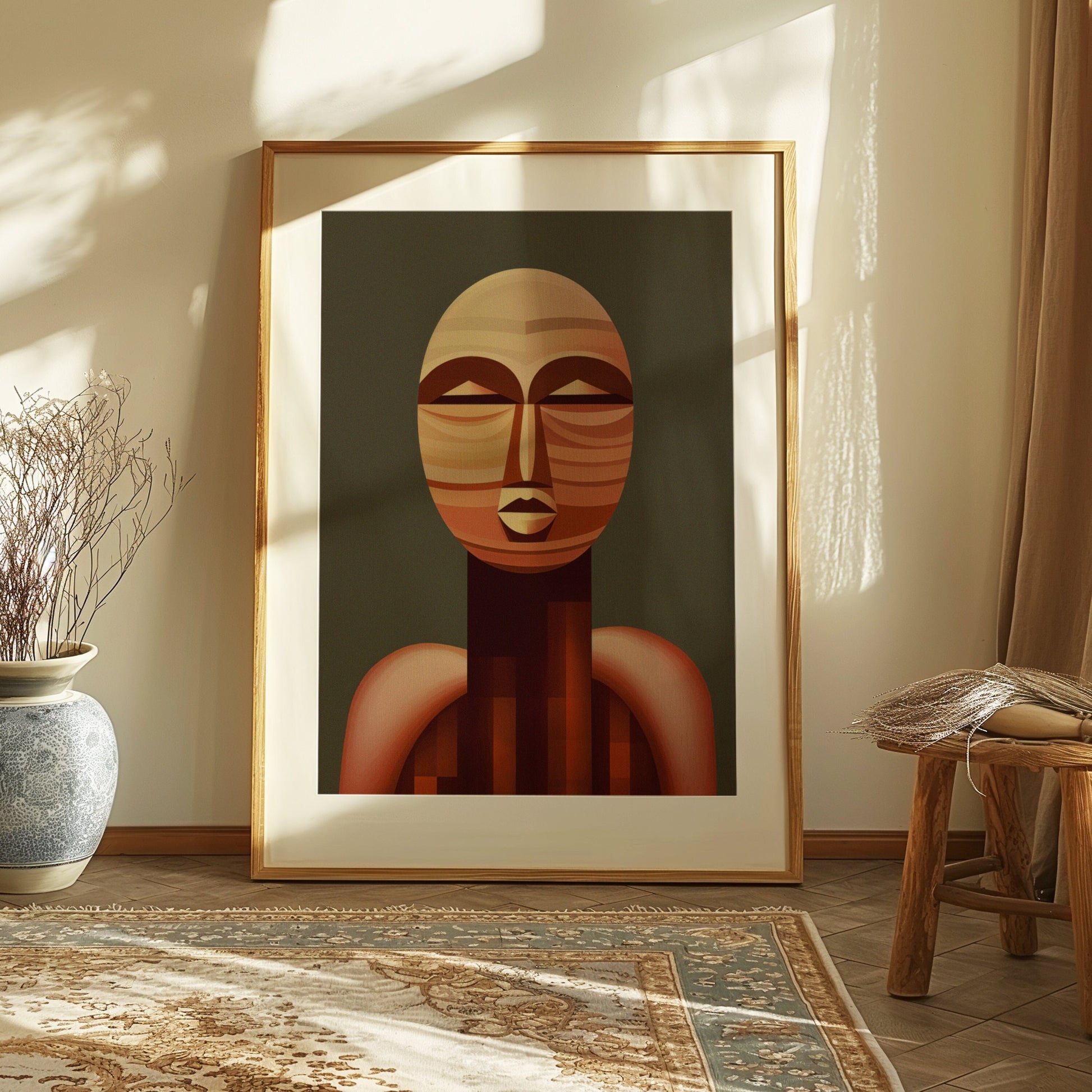 A geometric African mask poster featuring earthy tones and abstract design, ideal for modern, bohemian, and cultural home decor.