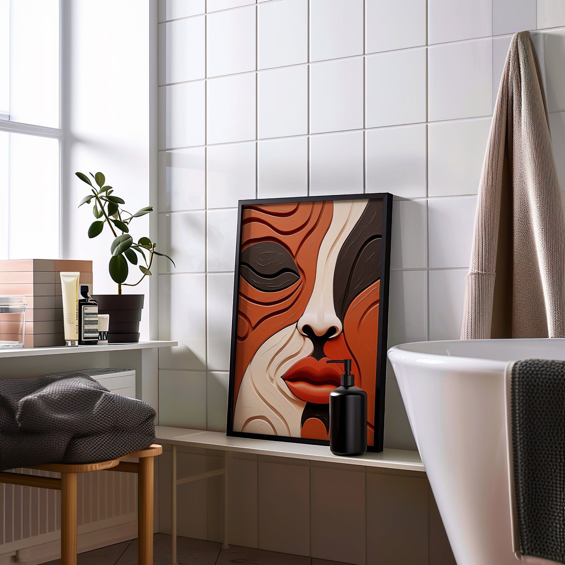 A vibrant abstract face art print in earthy tones, featuring a modern bohemian design with retro influences, ideal for contemporary home decor.