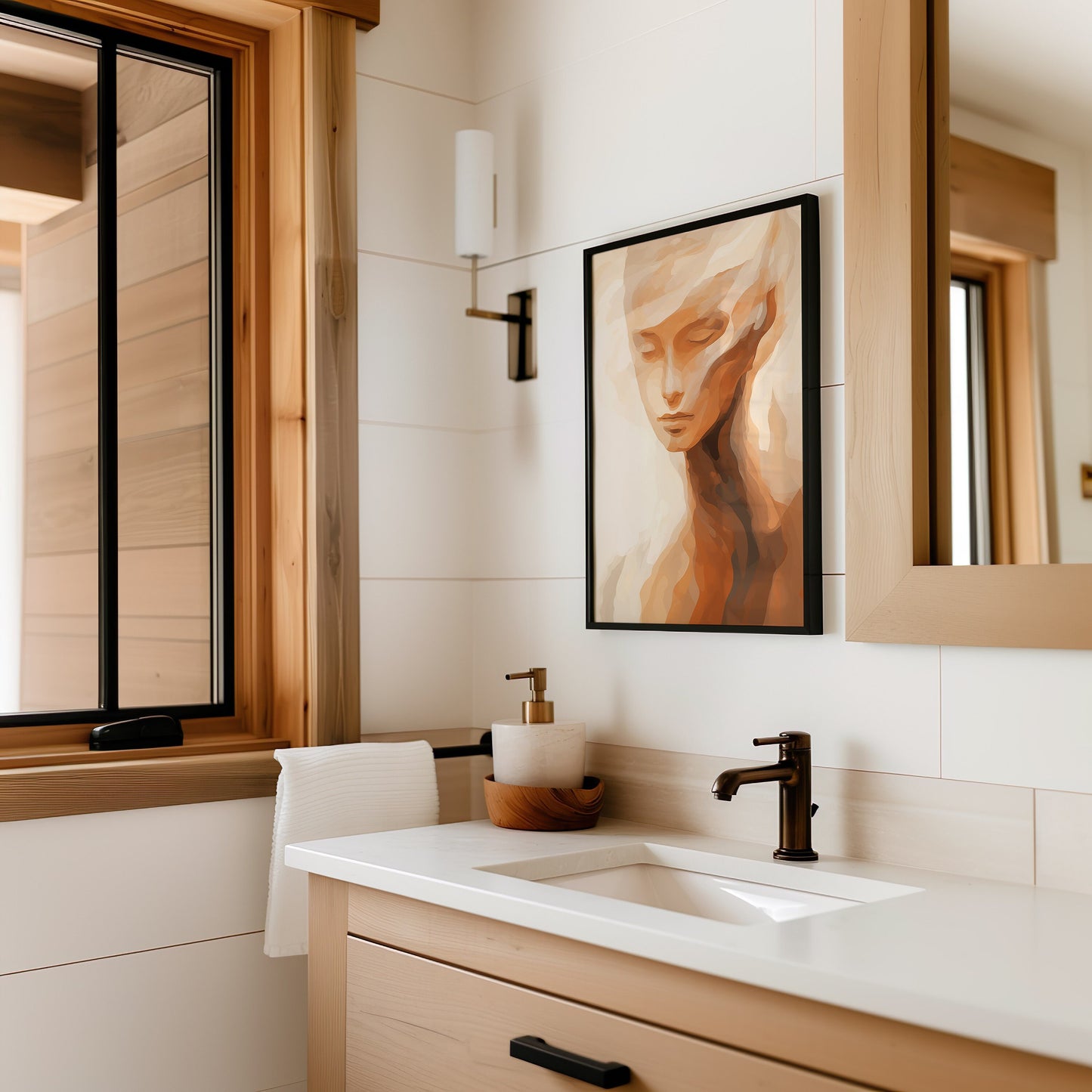 Abstract Feminine Portrait Art Print, Minimalist Boho Wall Decor, Earthy Tones Modern Art, Contemporary Face Poster, Serene Home Decor