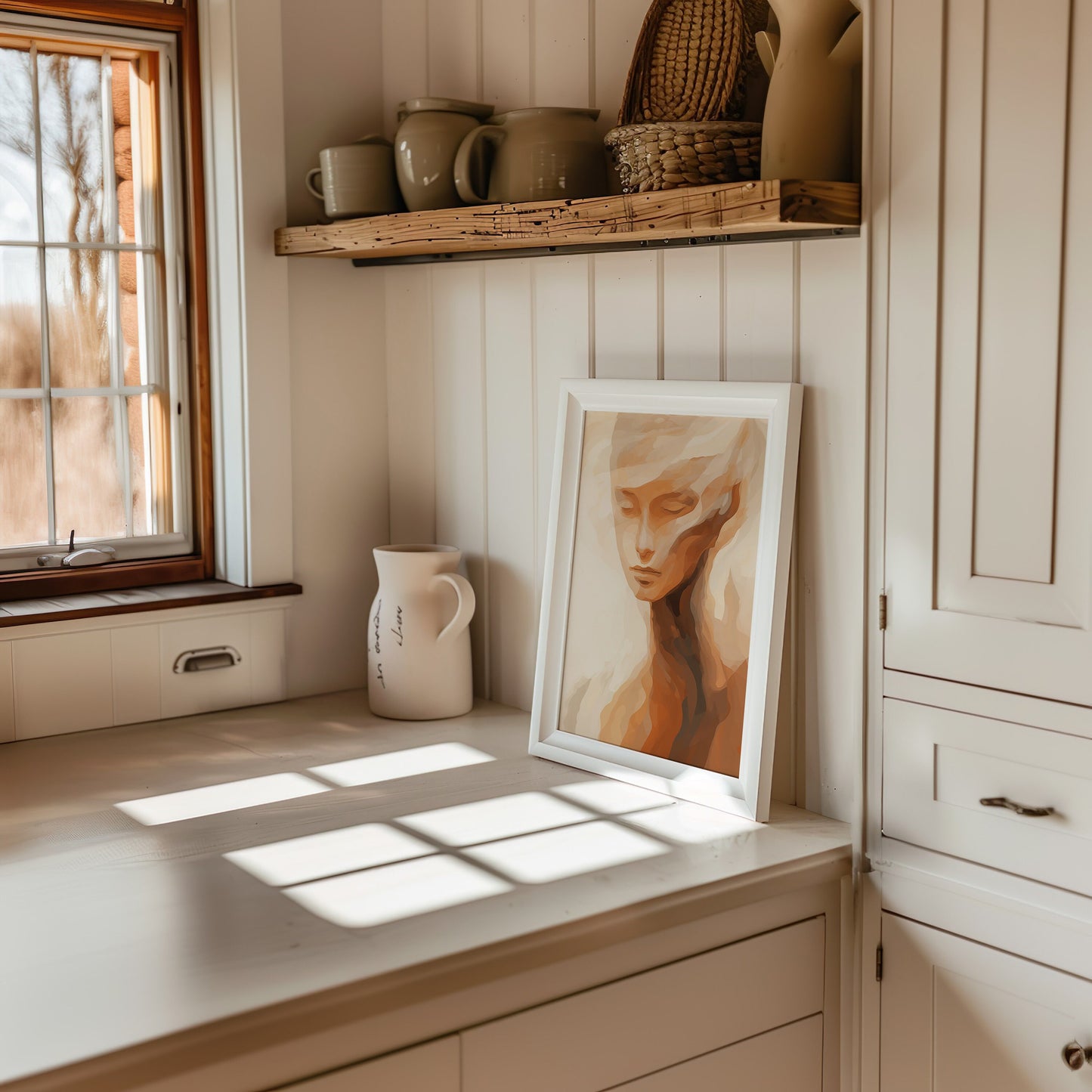 Abstract Feminine Portrait Art Print, Minimalist Boho Wall Decor, Earthy Tones Modern Art, Contemporary Face Poster, Serene Home Decor