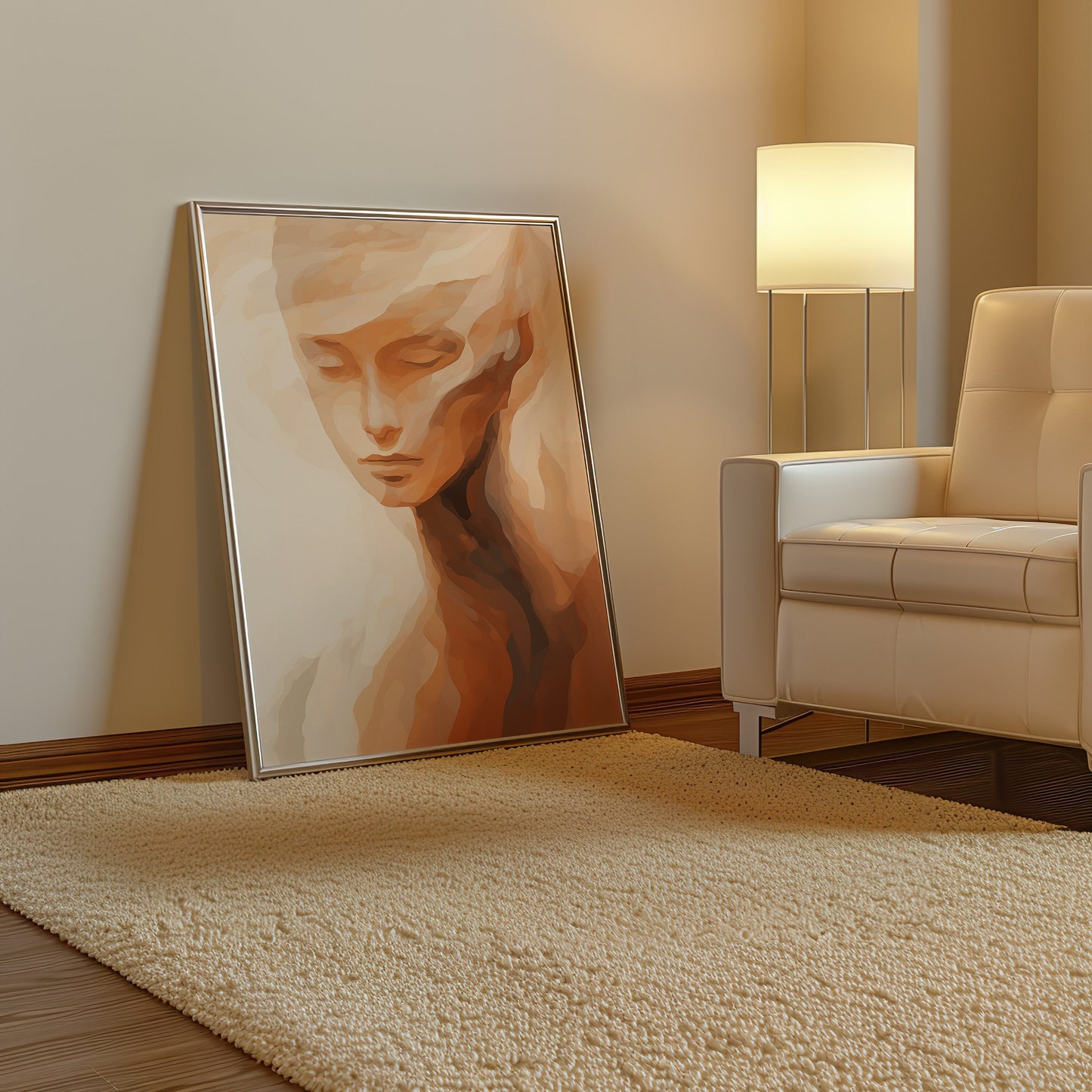 Abstract Feminine Portrait Art Print, Minimalist Boho Wall Decor, Earthy Tones Modern Art, Contemporary Face Poster, Serene Home Decor