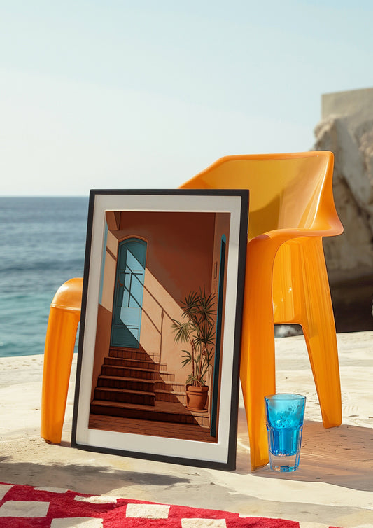 A warm-toned art print featuring a Mediterranean-style doorway with a potted plant, ideal for modern and vintage-inspired home decor.