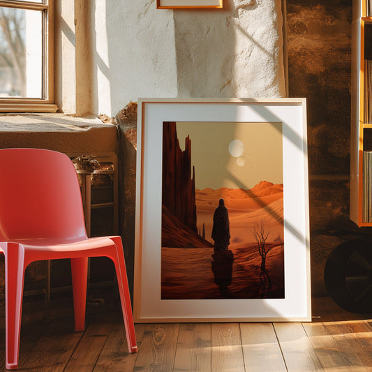 A surreal desert landscape art print featuring a lone wanderer under twin moons, perfect for sci-fi enthusiasts and modern bohemian home decor.