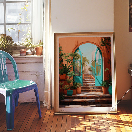 A vibrant art print featuring a Mediterranean-style garden gate with lush tropical plants in warm tones, perfect for modern and vintage-inspired home decor.