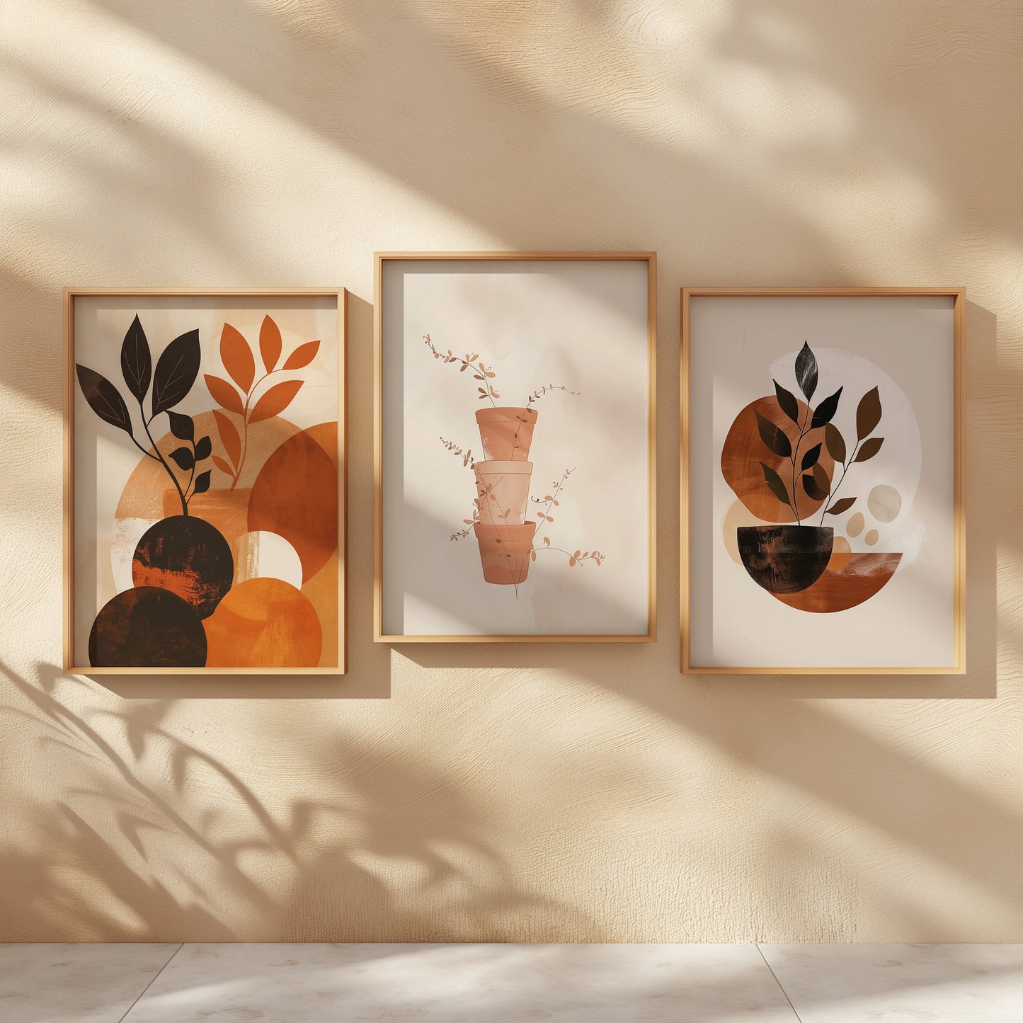 Minimalist Botanical Art Print Set, Modern Boho Wall Decor, Neutral Tones Plant Poster Trio, Abstract Nature Art, Contemporary Home Decor