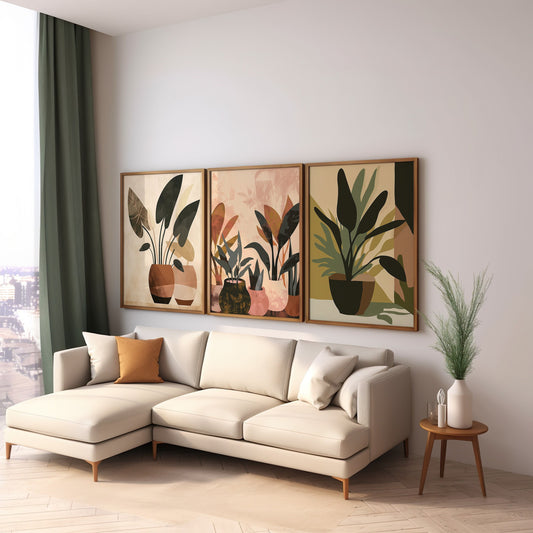 A set of three boho plant art prints featuring tropical leaves in neutral tones, perfect for adding a touch of nature and warmth to any room.