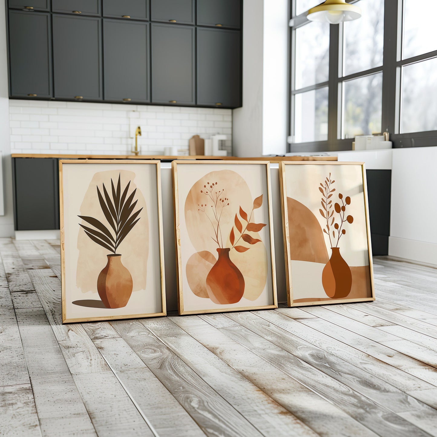 Abstract Boho Vase Trio, Earthy Tones Wall Art, Minimalist Botanical Prints Set, Modern Plant Decor, Set of Three Posters, Simple Wall Art