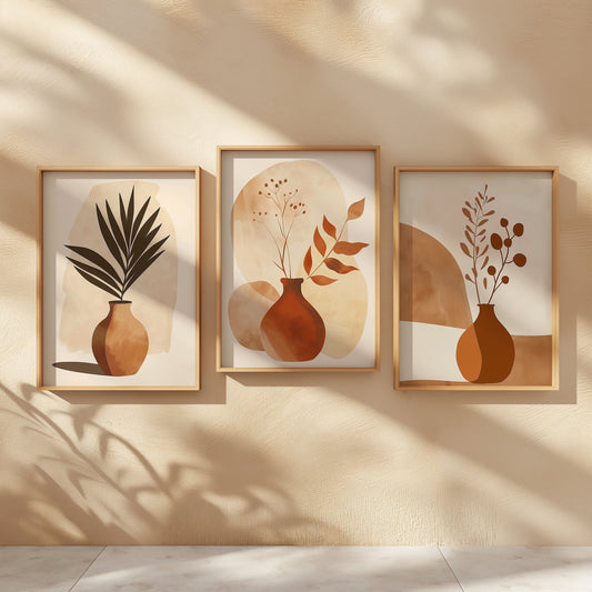 A set of three abstract posters featuring minimalist vases with botanical elements in earthy tones, perfect for a modern boho decor.