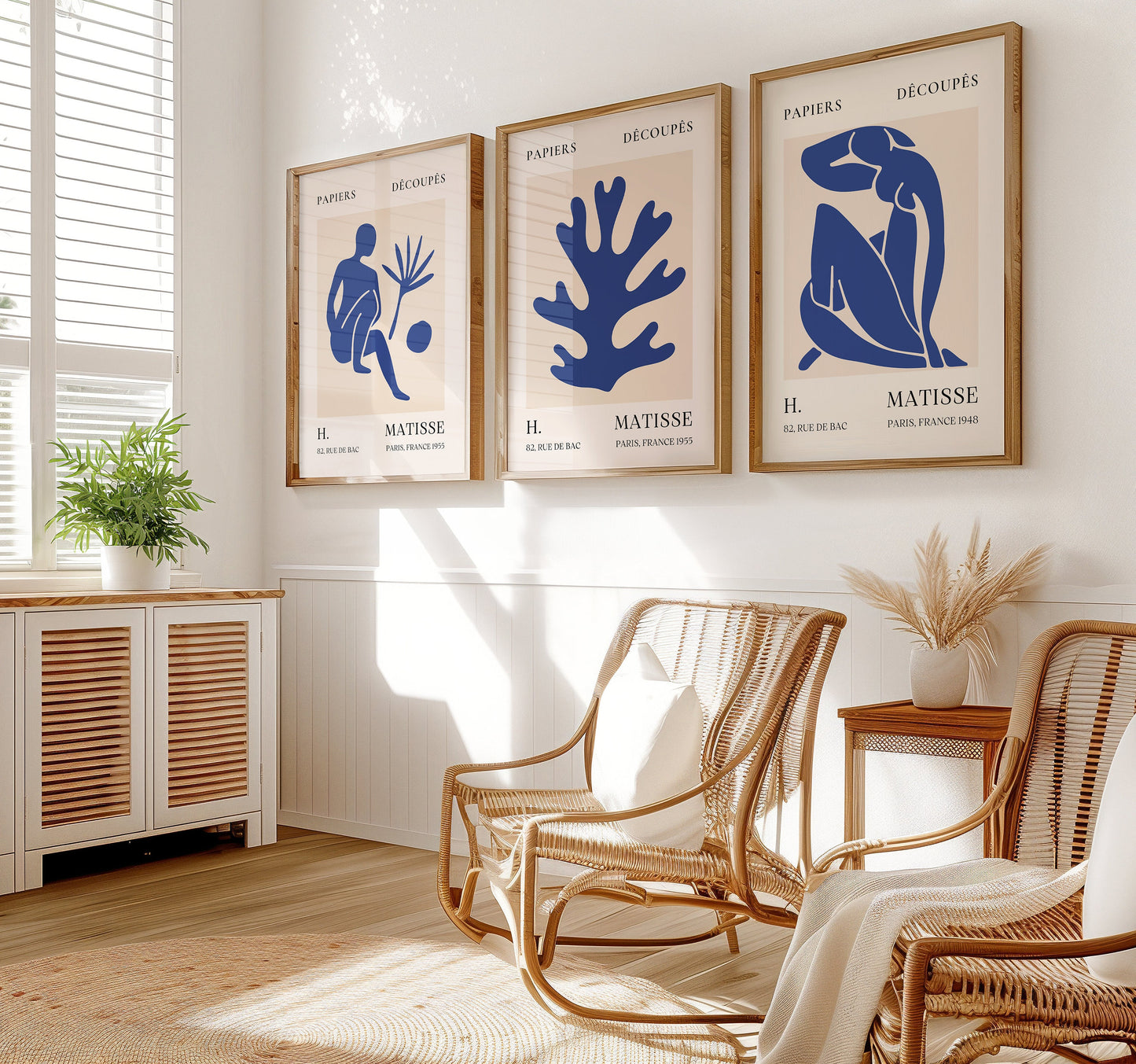 Henri Matisse Poster Set, Minimalist Blue Wall Art, Modern Art Prints, Cut-Out Art, Set of Three, Abstract Home Decor, Contemporary Poster