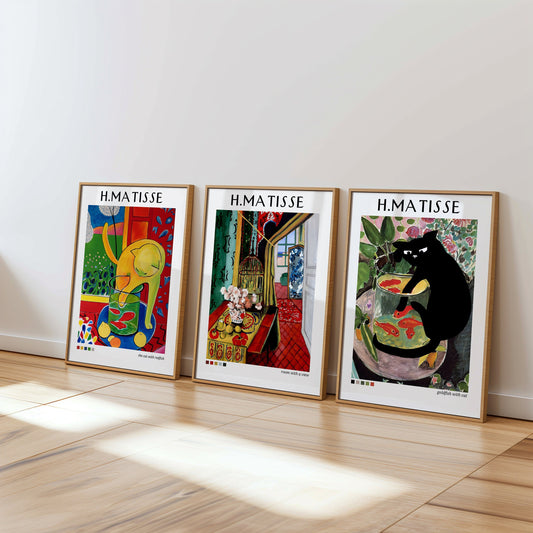 A vibrant trio of Henri Matisse posters showcasing his colorful and abstract artwork, perfect for adding a bold artistic touch to any space.