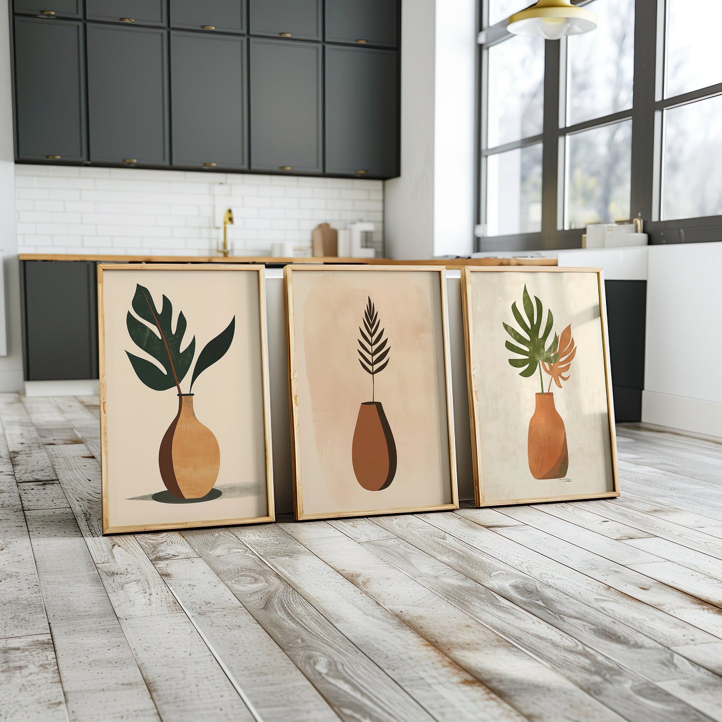 Minimalist Botanical Vase Art, Boho Plant Print Set, Modern Nature-Inspired Wall Decor, Earthy Tones Poster Trio, Bohemian Poster, Print Art