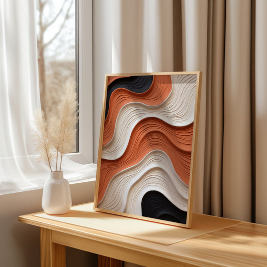 A poster featuring abstract wavy lines in earth tones with a 3D textured effect, placed on a cozy windowsill with soft drapes, creating a warm and inviting atmosphere.