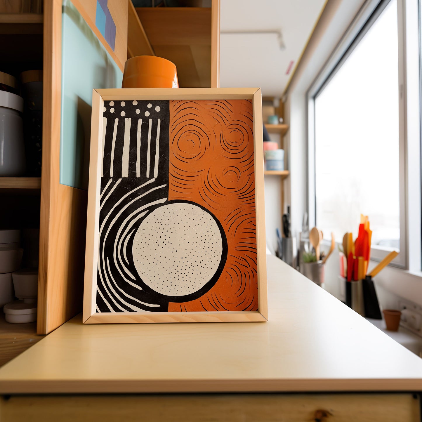 Modern Abstract Art Poster, Bold Geometric Shapes Print, Orange and Black Minimalist Poster, Contemporary Design Poster, Coastal Decor