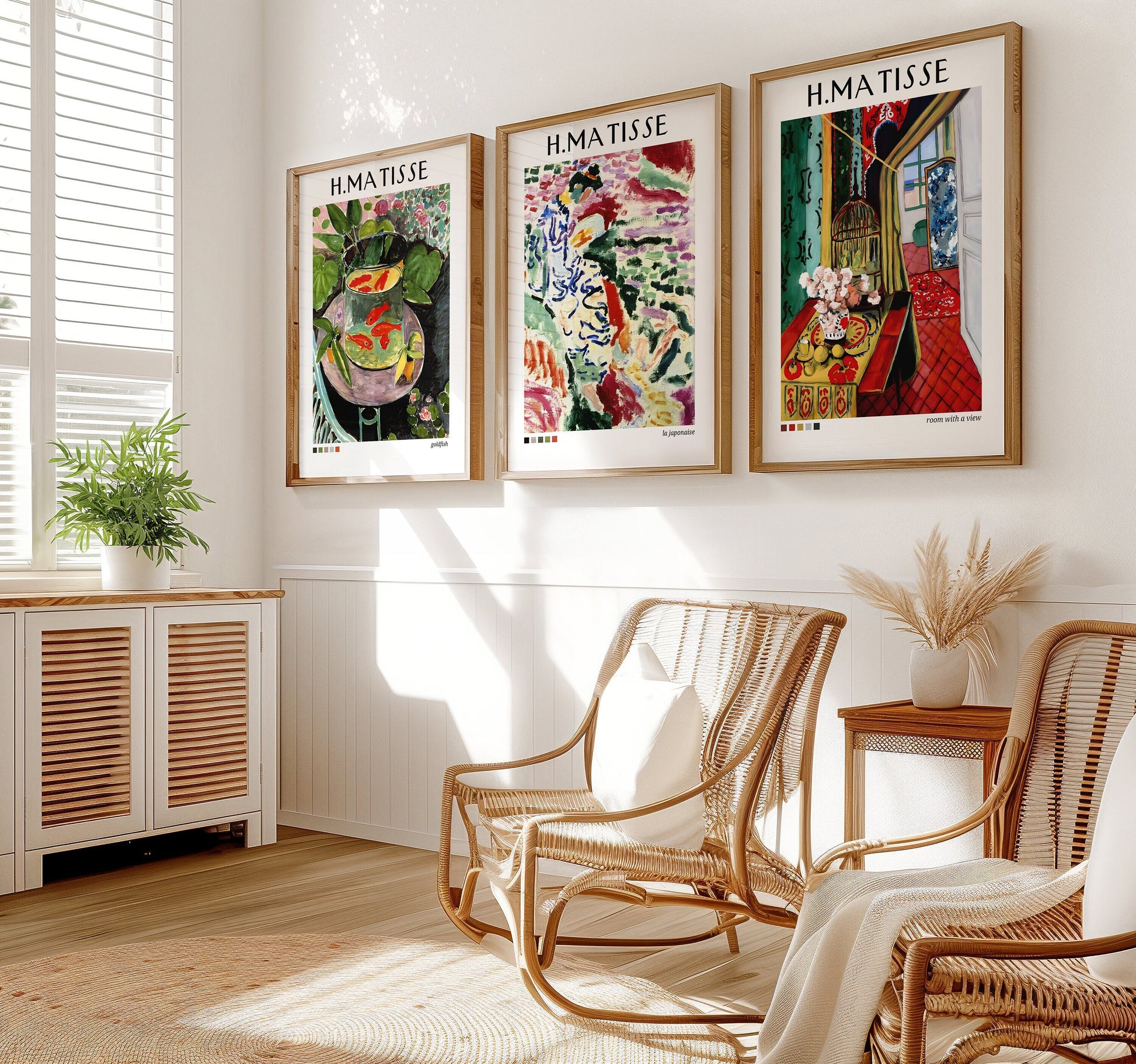 A set of three Henri Matisse posters featuring &#39;Goldfish,&#39; &#39;La Japonaise,&#39; and &#39;Room with a View,&#39; showcasing vibrant colors and abstract impressionist styles, perfect for any art-inspired decor.