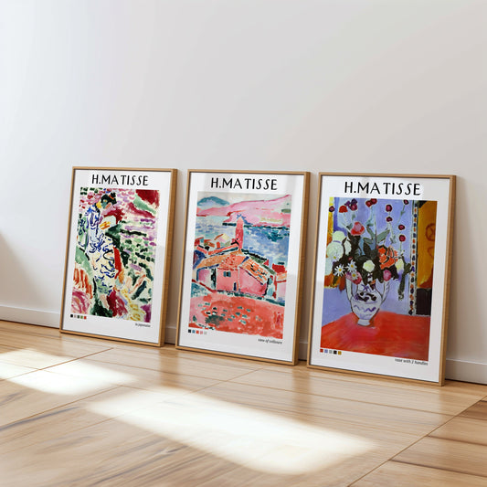 A trio of Henri Matisse posters featuring &#39;La Japonaise&#39;, &#39;Vue de Collioure&#39;, and &#39;Vase with 2 Handles&#39;, showcasing vibrant colors and abstract impressionist designs, perfect for any modern space.