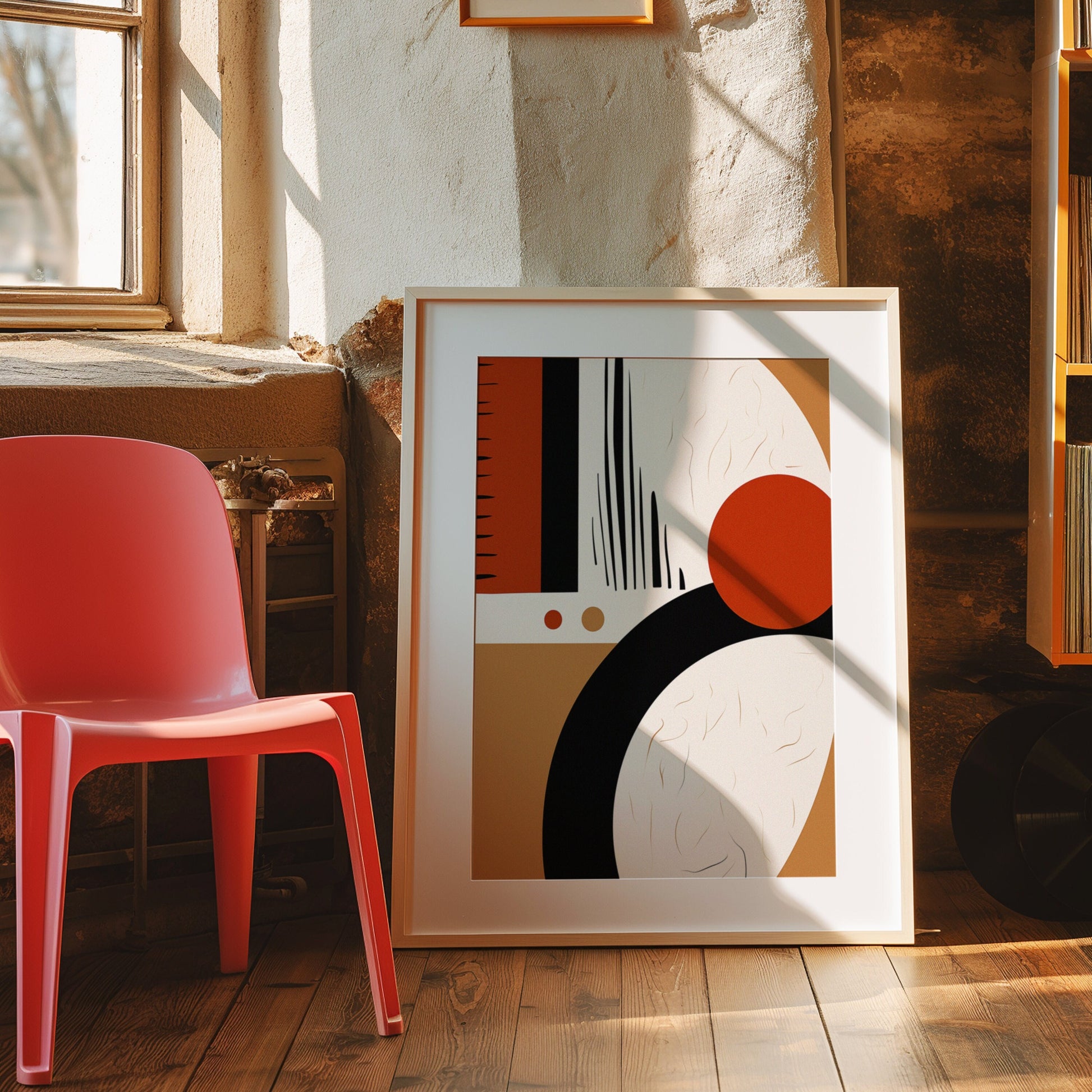 A modern geometric art poster featuring bold abstract circles in orange and black, displayed in a warm, rustic room with a red chair beside it.