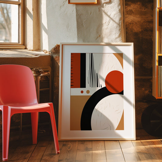 A modern geometric art poster featuring bold abstract circles in orange and black, displayed in a warm, rustic room with a red chair beside it.