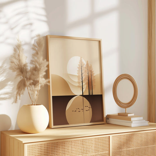 A minimalist nature poster with earthy tones featuring a serene forest landscape, displayed on a rattan-textured cabinet beside a neutral vase with pampas grass.