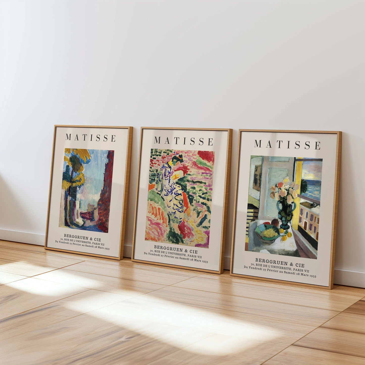 A trio of Henri Matisse posters from the Berggruen & Cie 1953 collection, featuring vibrant abstract and impressionist artworks, perfect for modern home decor.