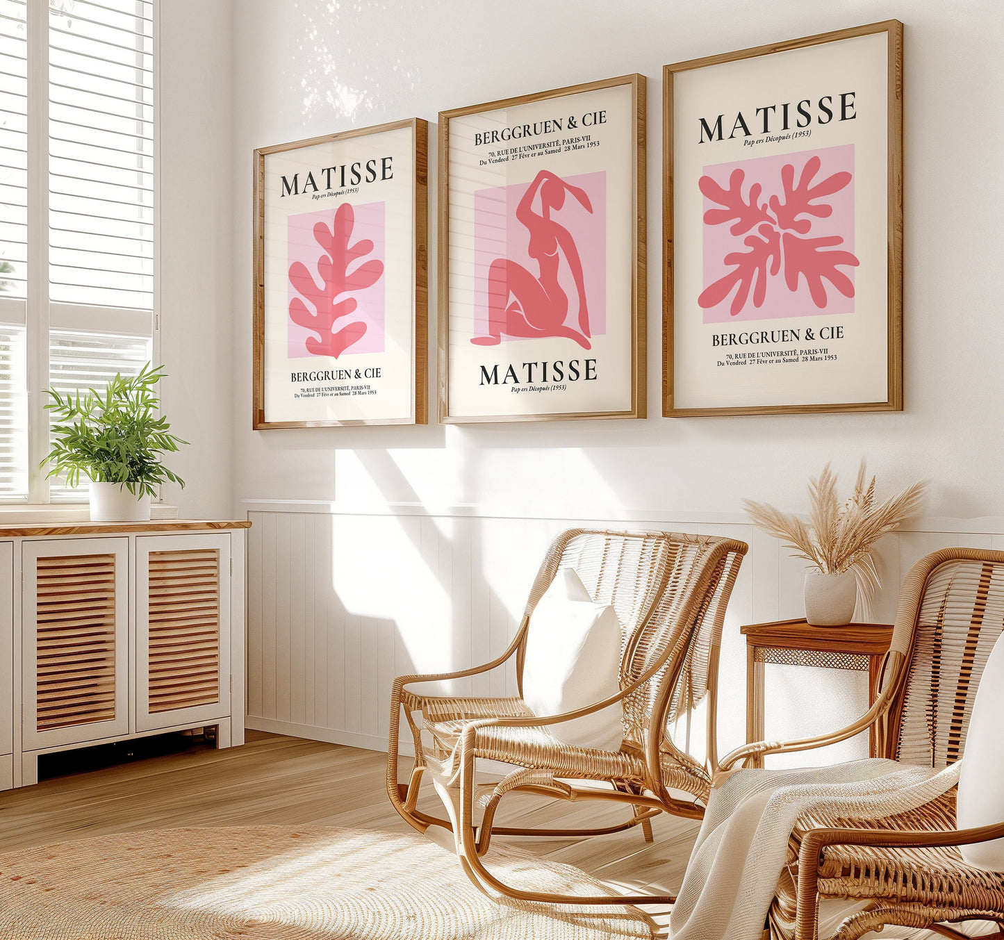 A trio of Henri Matisse posters in pink tones featuring minimalist cut-out designs, part of the Berggruen & Cie 1953 collection, perfect for modern and abstract wall decor.