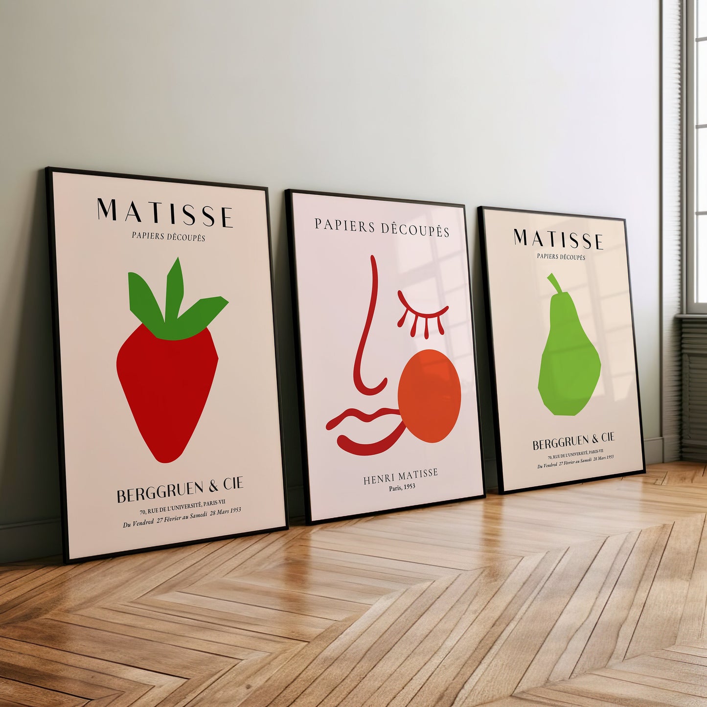 Henri Matisse Poster Set, Modern Minimalist Art Prints, Papiers Découpés Collection, Abstract Face, Strawberry, Pear, Set of Three, Poster