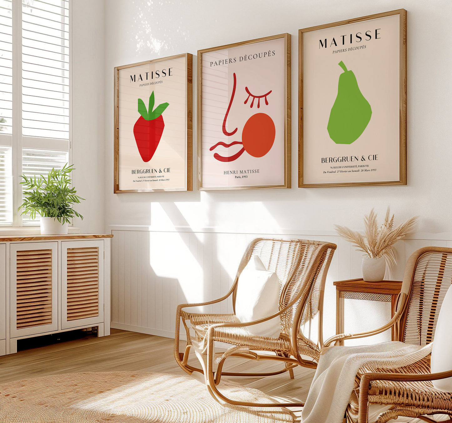 Henri Matisse Poster Set, Modern Minimalist Art Prints, Papiers Découpés Collection, Abstract Face, Strawberry, Pear, Set of Three, Poster