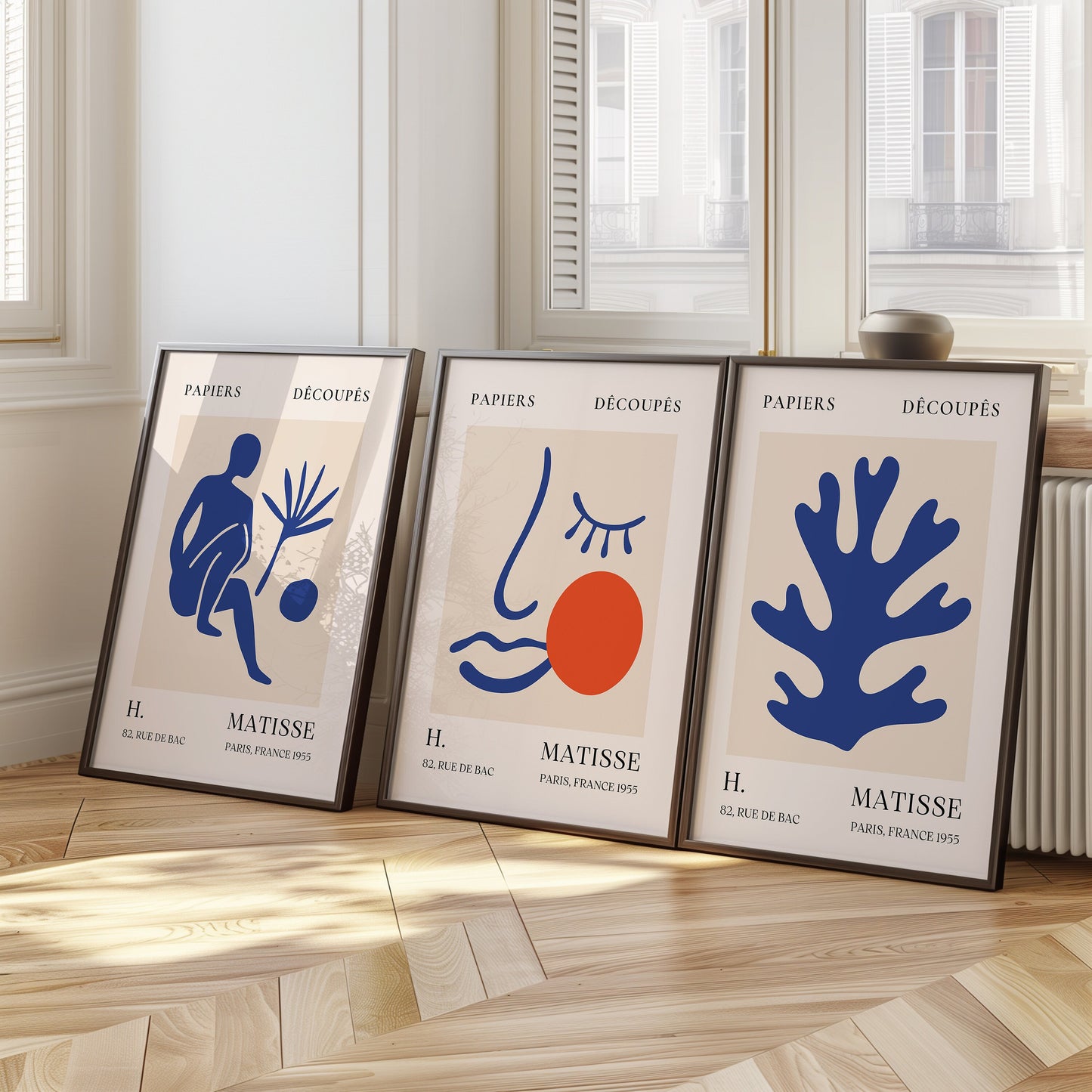 Henri Matisse Poster Set, Blue Abstract Cut-Out Art, Papiers Découpés Collection, Minimalist Wall Art, Set of Three, Modern Art Prints