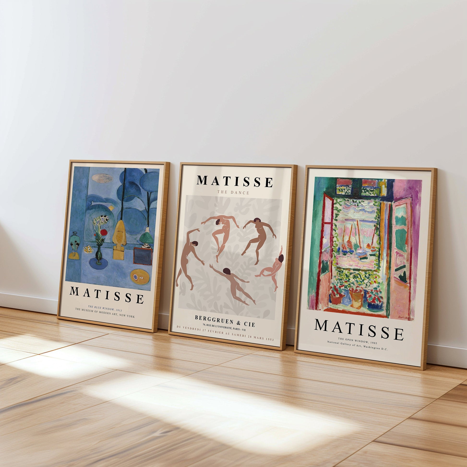 A trio of Henri Matisse posters featuring &quot;The Dance,&quot; &quot;The Open Window,&quot; and &quot;The Blue Window,&quot; perfect for modern and art-inspired decor.