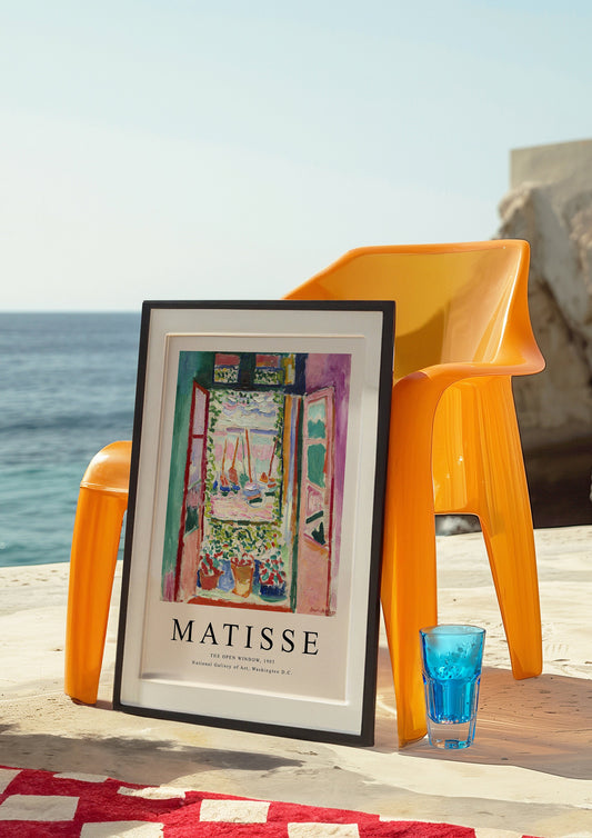 A vibrant and colorful Henri Matisse poster featuring &quot;The Open Window,&quot; perfect for modern and eclectic home decor.