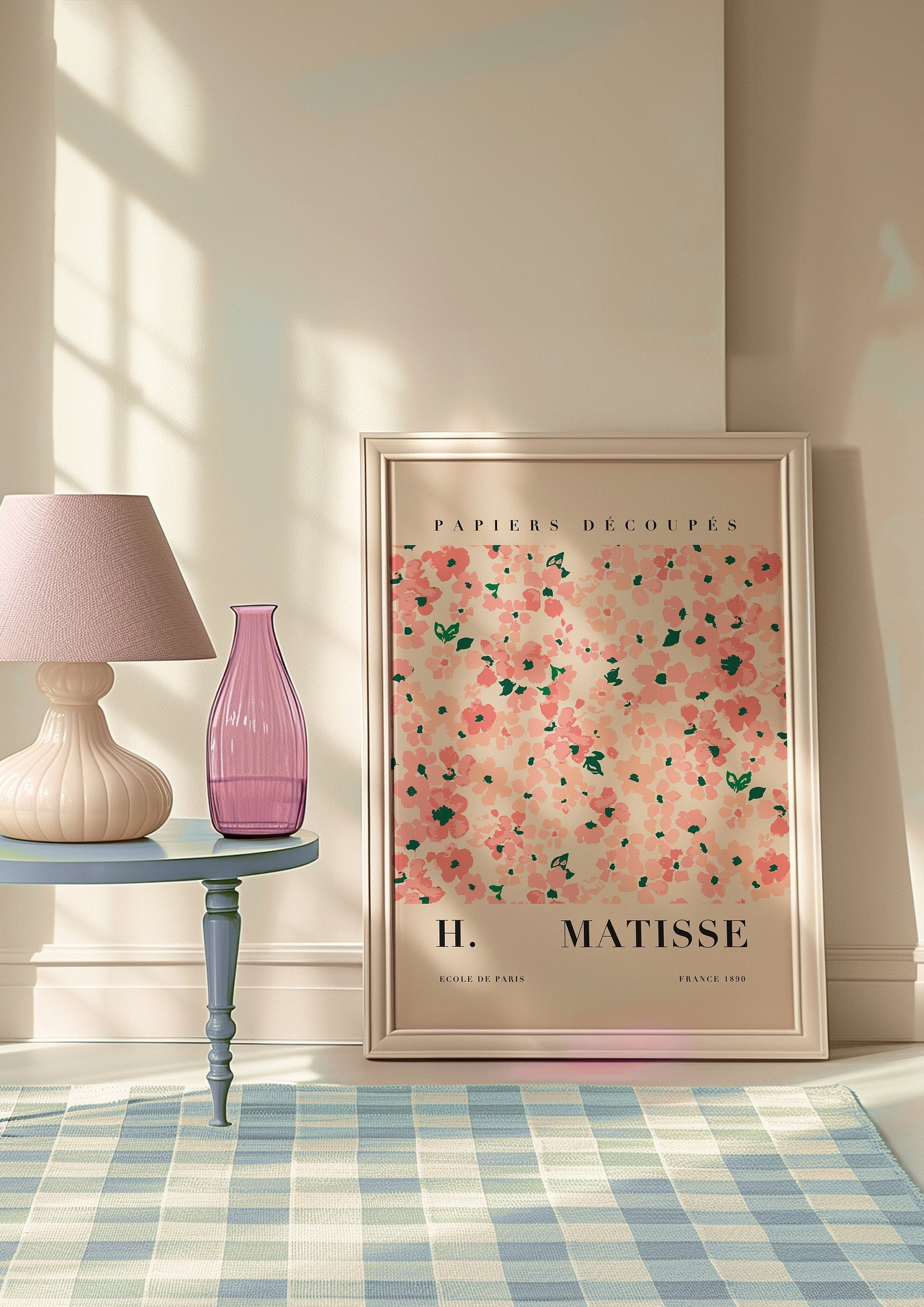 Henri Matisse &quot;Papiers Découpés&quot; floral print with pink and green flowers, perfect for adding a touch of nature to modern interiors.