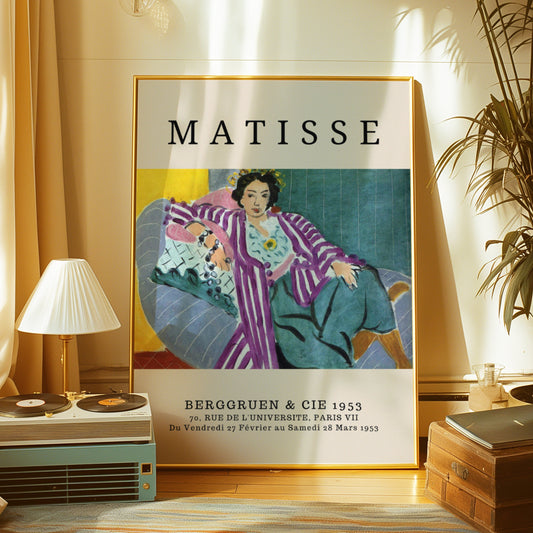 A vibrant Matisse poster featuring a woman in a striped dress, from the Berggruen & Cie 1953 exhibition in Paris.