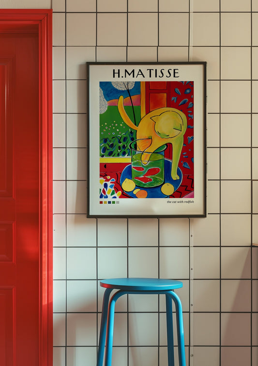 A vibrant and playful Henri Matisse &quot;The Cat with Redfish&quot; poster featuring a yellow cat curiously dipping its paw into a fishbowl, surrounded by bright, colorful abstract elements.