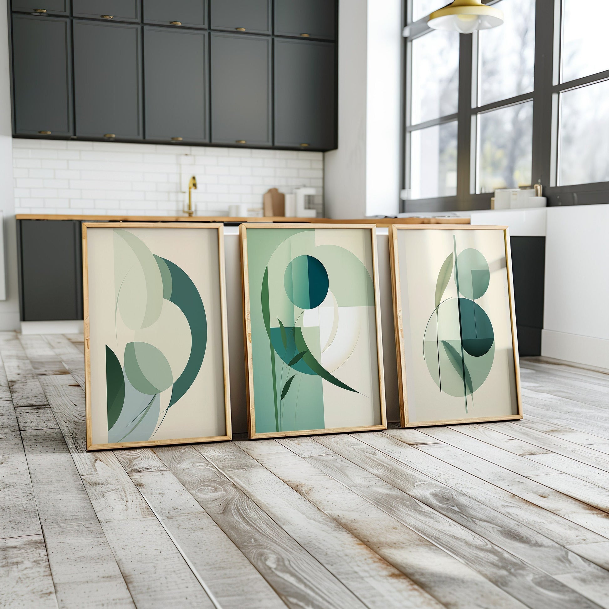 A set of three geometric abstract art prints featuring minimalist green designs with a modern aesthetic, perfect for mid-century modern decor.