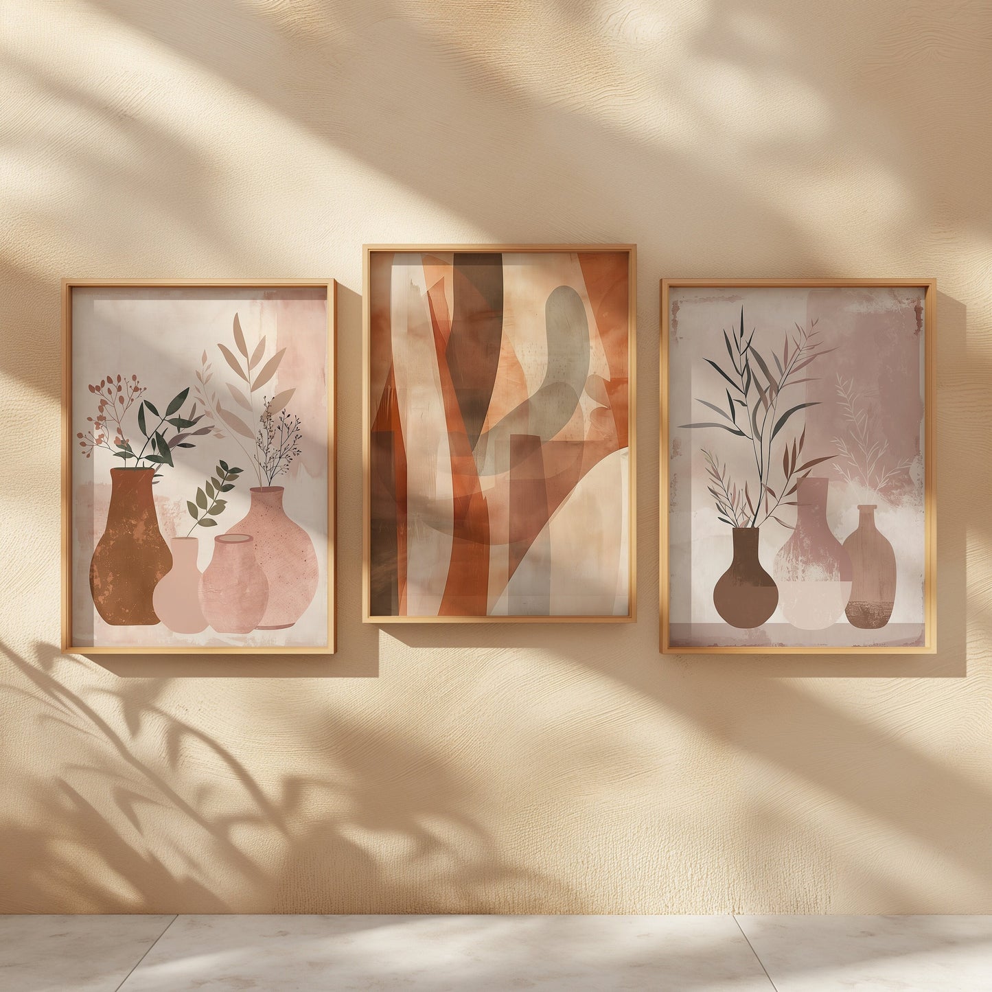 A set of three terracotta vase art prints with earthy tones, perfect for adding warmth and a modern touch to a bedroom or cozy living space.