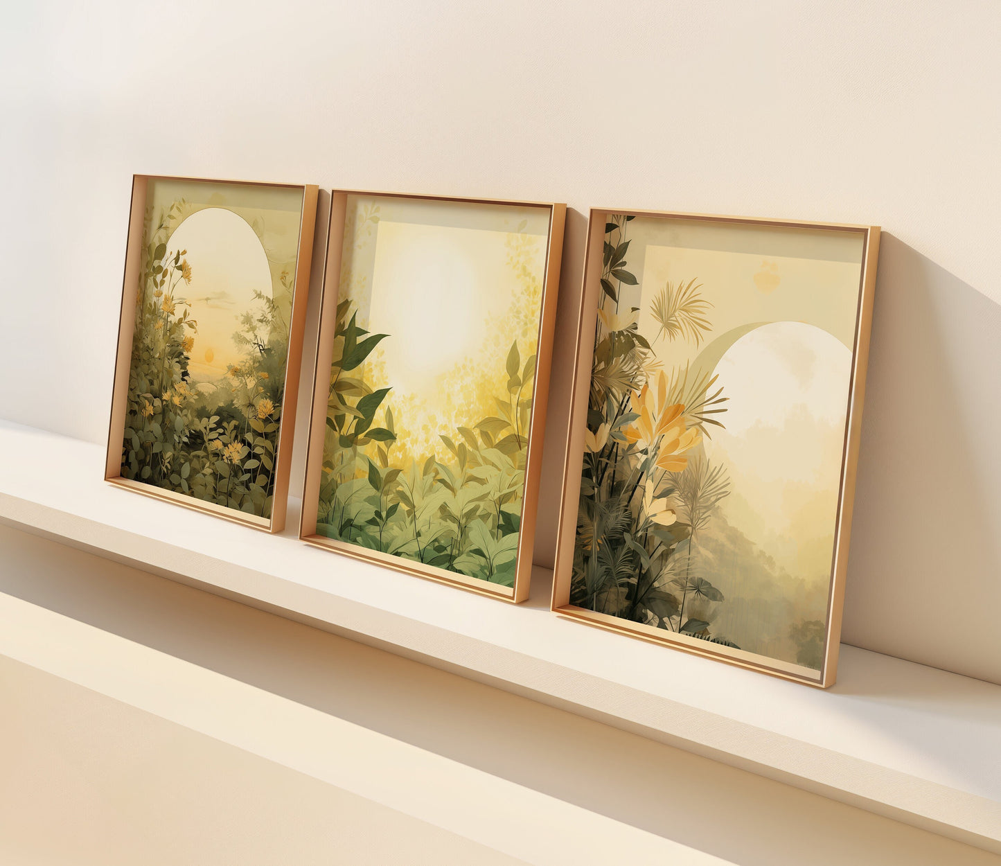 A serene set of three botanical wall art prints depicting a lush, sunlit forest with soft, glowing sunlight filtering through the foliage, displayed above a cozy white sofa in a living room, creating a peaceful and inviting atmosphere.