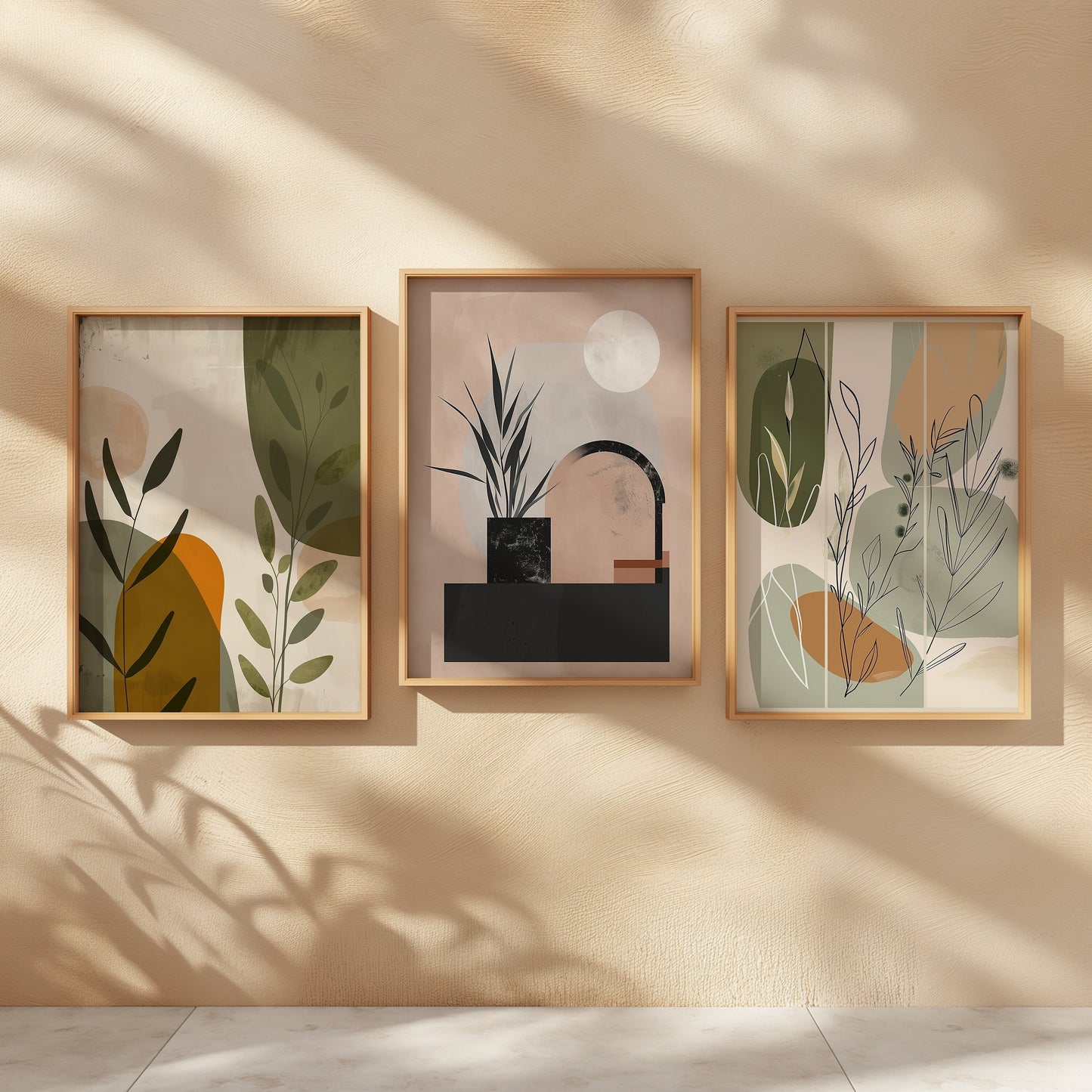 A set of three minimalist botanical wall art pieces featuring abstract plant designs in earthy tones, enhancing the modern decor of a cozy living room.