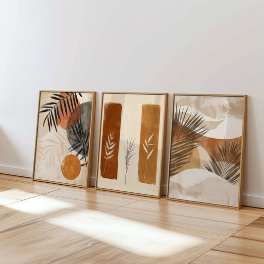 A set of three neutral-toned nursery wall art prints featuring abstract botanical designs, perfect for adding an earthy and minimalist touch to a baby room or kids&#39; space.