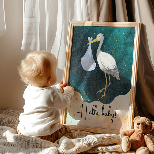 Nursery wall art featuring a stork carrying a baby with the quote &quot;Hello baby,&quot; perfect for kids room and newborn decor. Available as an instant digital download.