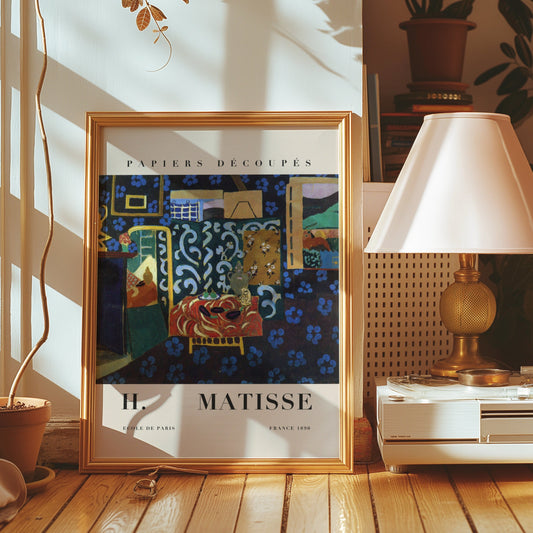 A striking poster featuring a Matisse-inspired abstract still life, showcasing bold blue and gold patterns in a richly decorated interior scene.