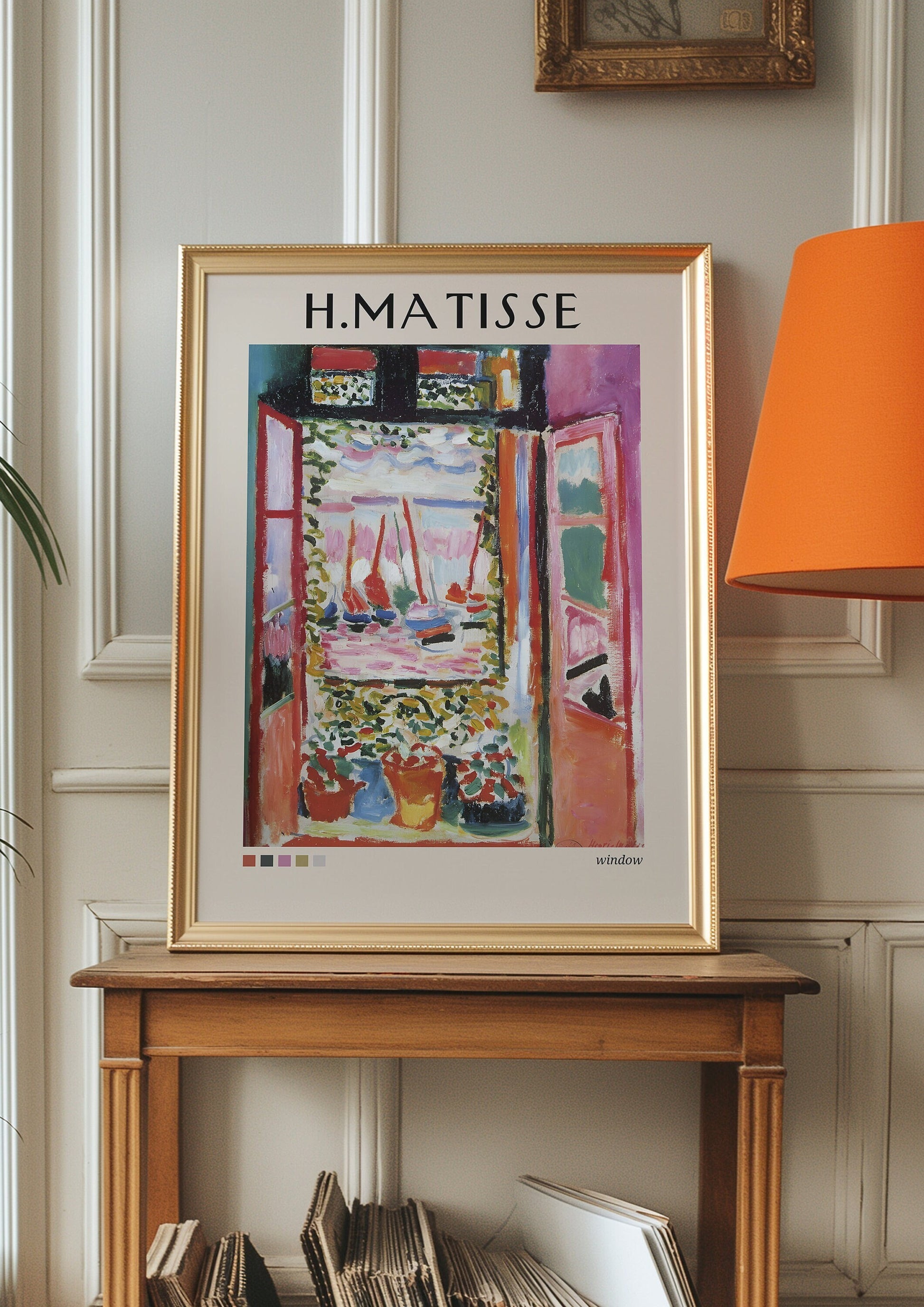 A vibrant Matisse window scene poster, featuring an open window with a view of colorful sailboats on the water, framed by rich foliage and vivid pink and green accents, bringing a coastal touch to your home.