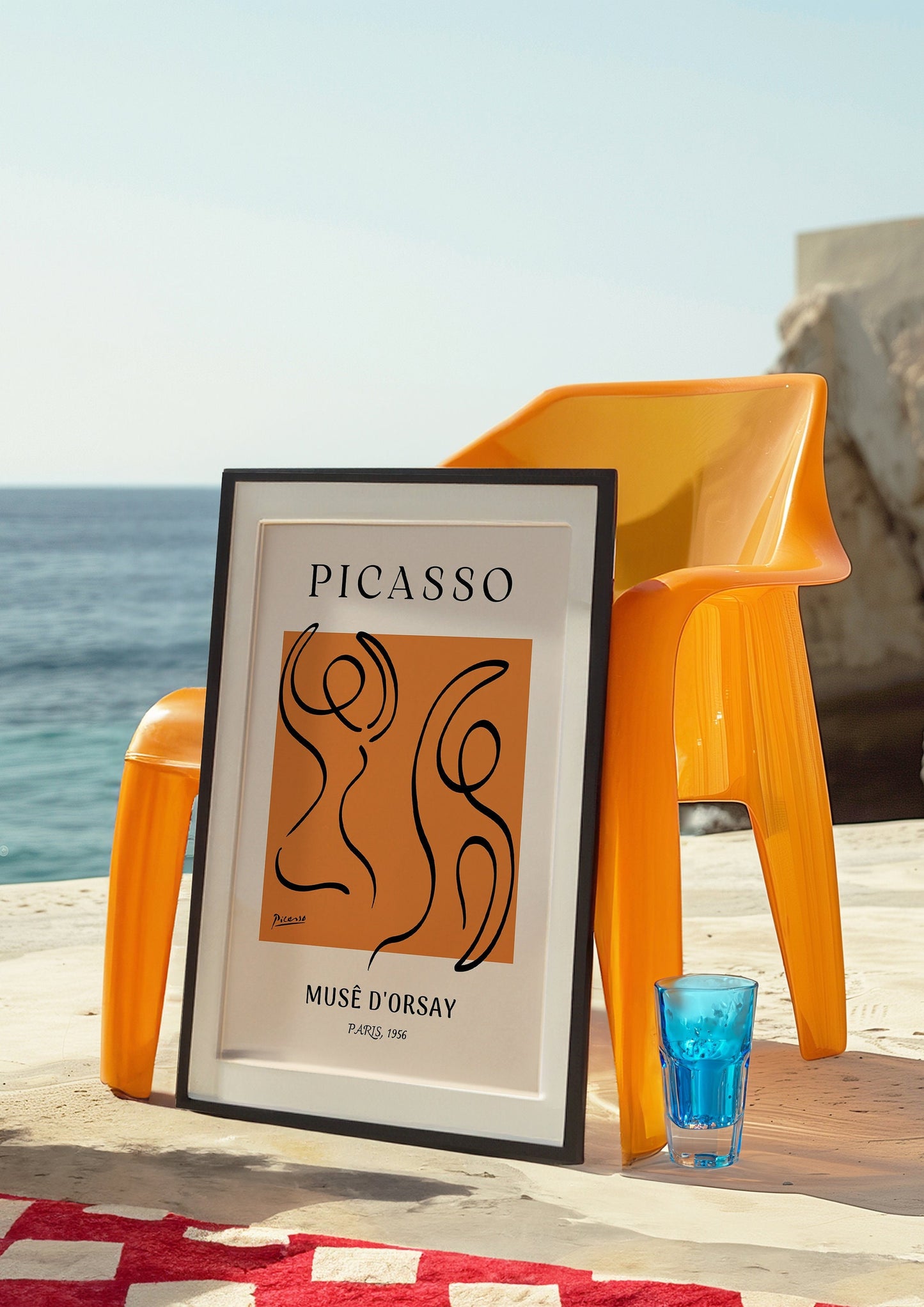 A minimalist Picasso poster featuring abstract black line drawings of figures on an orange background, with the words &quot;Musee D&#39;Orsay&quot; below, adding a modern artistic touch to any space.